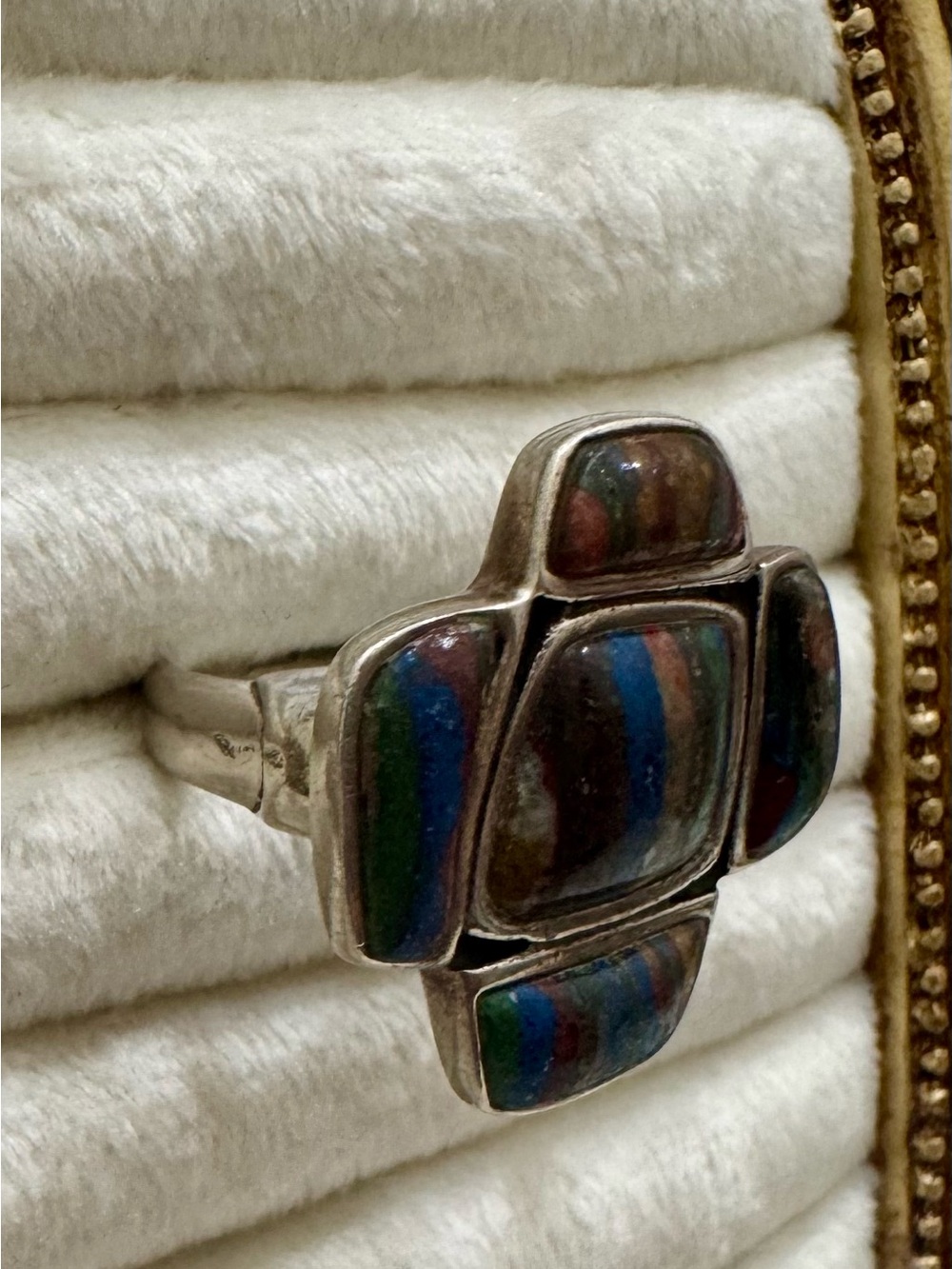 Vintage Studio BARSE Sterling Silver Rainbow Calsilica Mosaic Statement Ring 925